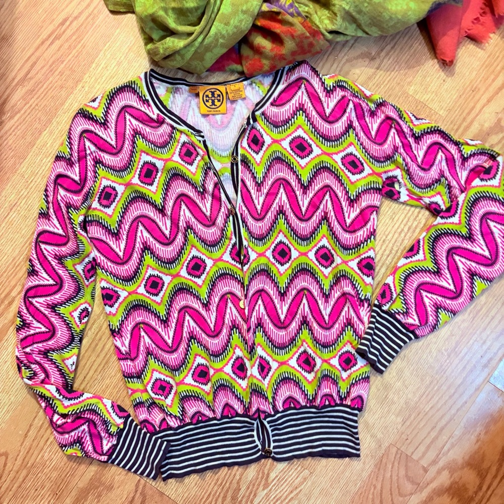 Tory Burch Multicolor Zigzag Cardigan With Black & White Trim